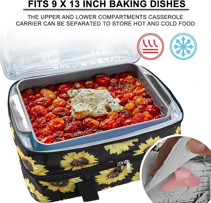 esouler Double Insulated Casserole Carrier Bag Hot & Cold Food Carrier Bag Lasagna Holder Lunch Bag for Picnics, Parties, Travel, Fits 9 x 13 Inches Casserole Dish-Sunflower