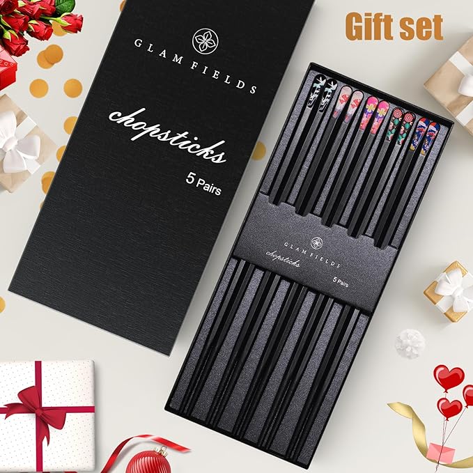 GLAMFIELDS 5 Pairs Premium Chopsticks Reusable Dishwasher Safe 9.5 Inch Fiberglass Chop Sticks Gift Set Hexagon Black Non Slip with the Printed Tops