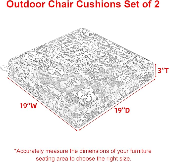 Favoyard Outdoor Chair Cushion 19 x 19 x 3 In Waterproof Pattern Fade Resistant Cushions for Patio Furniture with Removable Cover Attach Straps 28D Foam Insert Cushions Pads for Seat Sofa Couch 2 Pack
