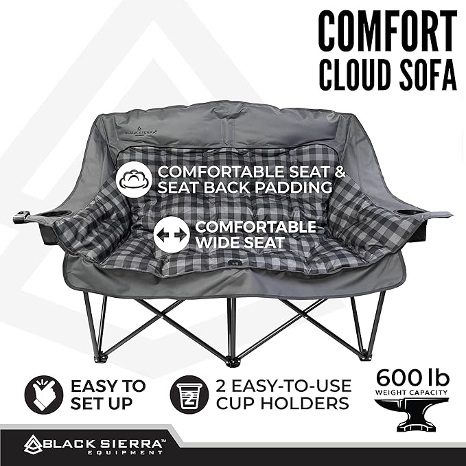 Black Sierra Double Camping Chair for Adults, Oversized Folding Loveseat Supports 600 lbs, Plush Padded Outdoor Couch with Cup Holders and Carry Bag for Beach, Patio, RV, or Tailgating Events