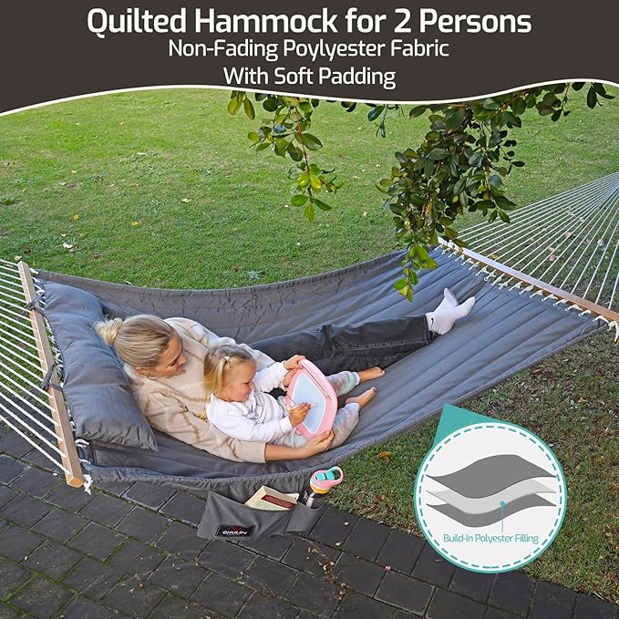 Double Quilted Fabric Hammock with Hardwood Spreader Bars and Pillow 450 LBS Capacity 2 Person Large Hammock for Outdoor Patio Backyard Poolside - Dark Blue