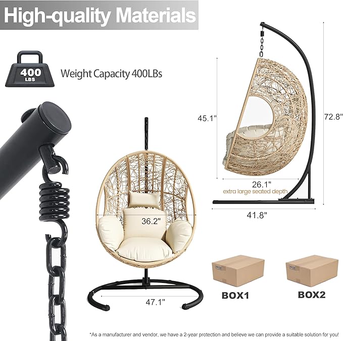 Hanging Egg Chair with Stand - Egg Swing Chair Outdoor Indoor Patio Wicker Chair Swing Hammock Egg Chairs 400lbs Capacity for Outside Patio, Bedroom, Garden and Balcony（Beige-Nest, 1PC）