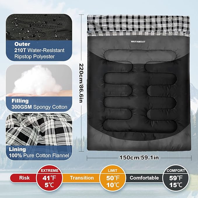 Double Sleeping Bag for Adults Machine Washable 2 Person Camping Sleeping Bag Queen Size Waterproof with Compression Sack for Cold Weather 3-4 Seasons