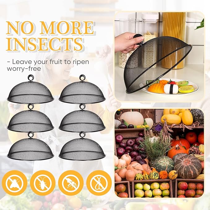 Gerrii 6 Pcs Metal Mesh Food Cover Outdoor Mesh Food Tents Dome Screen Plate Covers for Dinner Plates Reusable Fruit Fly Nets Picnic Food Umbrella for Table, BBQ, Camping, Party (Black,11 Inch)