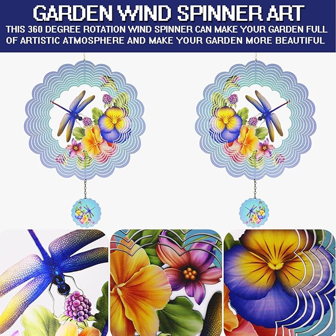 Dragonfly Metal Wind Spinners - Gifts for Women Mom Grandma Wife, Hanging Wind Spinner for Outdoor & Indoor Decorations, 12 inch Wide, 21 inch Long, Wind Spinner for Christmas Ornament Gifts