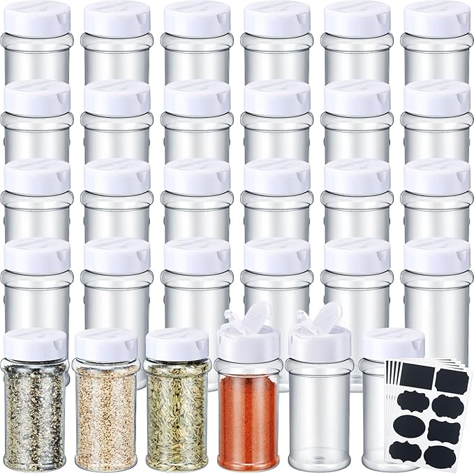 Eccliy 36 Pack 3 oz Clear Plastic Spice Jars with Label and Shaker Lids Empty Spice Bottles Seasoning Containers Seasoning Jars Shaker Condiment Pots for Pepper Herbs Powders (White)