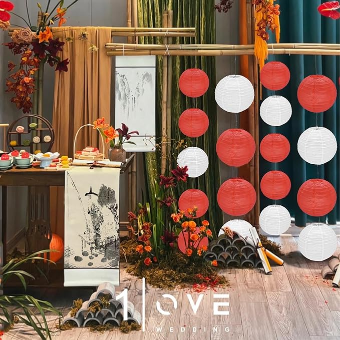 12Pcs Round Paper Lanterns Assorted Sizes (6" 8" 10" 12") for Home Decor, Restaurant, Church, Wedding, Birthday Party Decorations, Hanging Chinese Japanese Paper Lantern Lamps (White and Red)