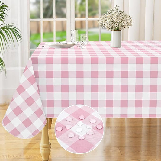 misaya Rectangle Waterproof Vinyl Table Cloth, Buffalo Flannel Backed Tablecloth, Wipeable Plastic Table Cover for Dinner, Kitchen, Outdoor (52" x 70", Pink and White)