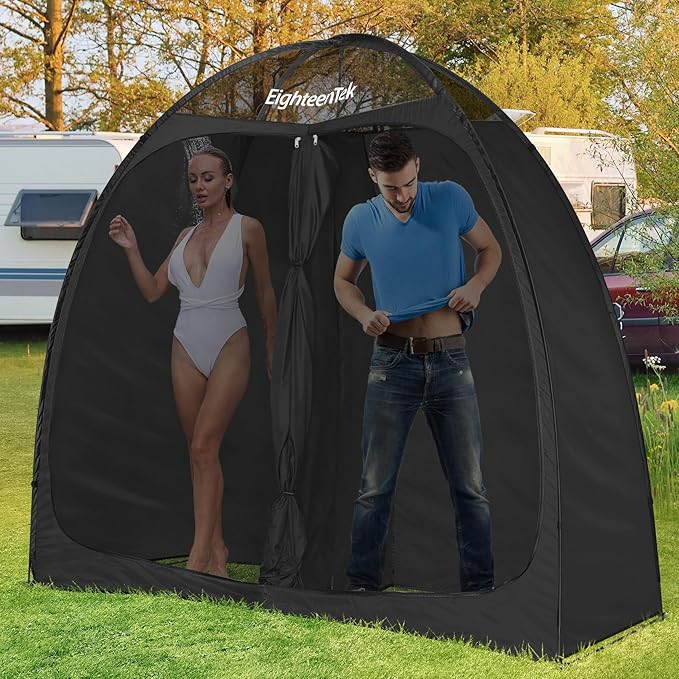 EighteenTek Shower Tent Camping, 2-Room Portable Changing Room, Outdoor Shower Enclosure, Pop Up Privacy Tent Shelter with Floor & Doors, Waterproof & Lightweight, Camping Toilet Bathroom