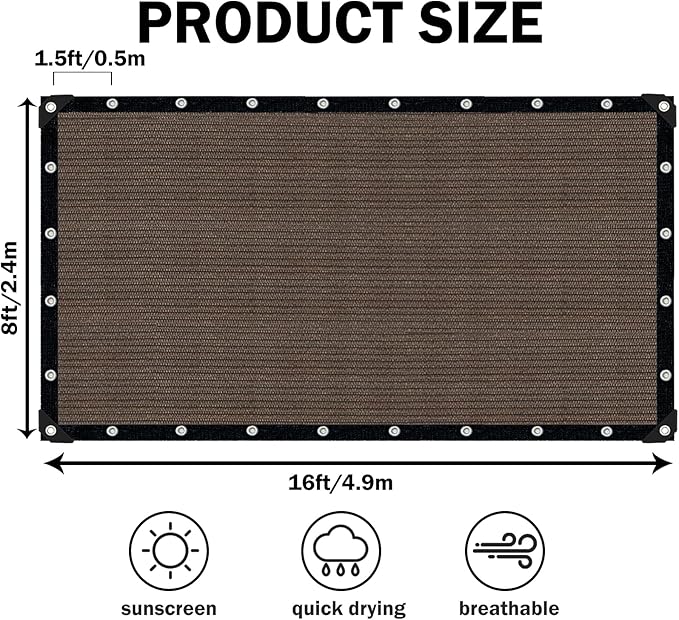 Sun Shade Cloth with Grommets,90% UV Protection Shade Fabric,Pergola Shade Cover Canopy Fence Privacy Screen Balcony,Brown Sunshades for Patio Pergola Garden Backyard Outdoor,Mocha-8x16FT