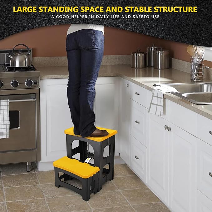 Folding 2-Step Stool, Non-Slip Portable Footstool 8" & 17" Dual Heights, Holds 250 lbs, Portable Footstool for Kitchen Home Toilet Bedroom Office Bathroom RV(Yellow)