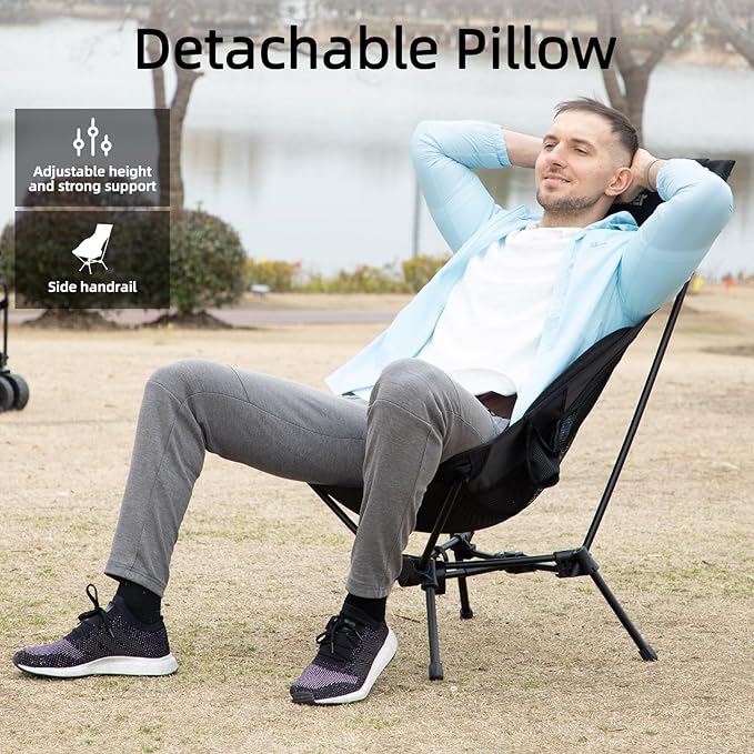 Wildhiker Portable Compact Folding Camping Chairs – Lightweight High Back with Pillow, Deep Recline, ArmPads, Side Pockets-for Motorcycle, RV, Backpacking,Travel，Festival – Black