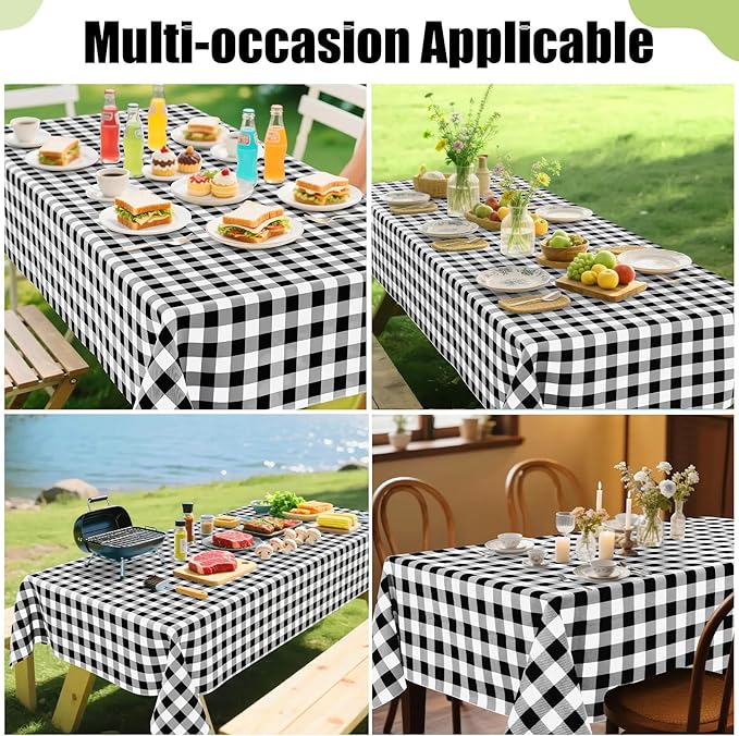 Smiry Rectangle Table Cloth, Waterproof Vinyl Tablecloth with Flannel Backing, Wipeable Buffalo Plaid Table Cover for Dining, Indoor and Outdoor (Black & White, 60"x102")