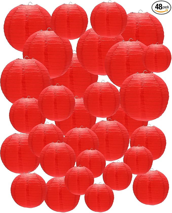 Treela 48 Pcs Paper Lanterns Party Decorations Chinese Round Paper Lanterns 4/6/8/10 Inch Asian Hanging Lamps Decorative for Birthday Party Supplies(Red)