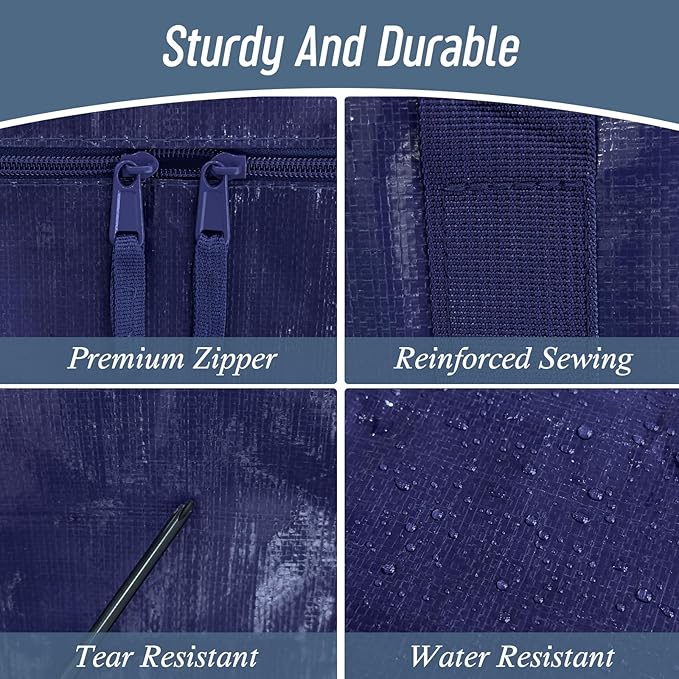 6 Pack Extra Heavy Duty Large Moving Bags with Strong Zipper & Comfortable Handles, Sturdy & Durable Clothes Storage Bags Totes Bins, Blue Packing Moving Boxes for College Supplies, Dark Blue