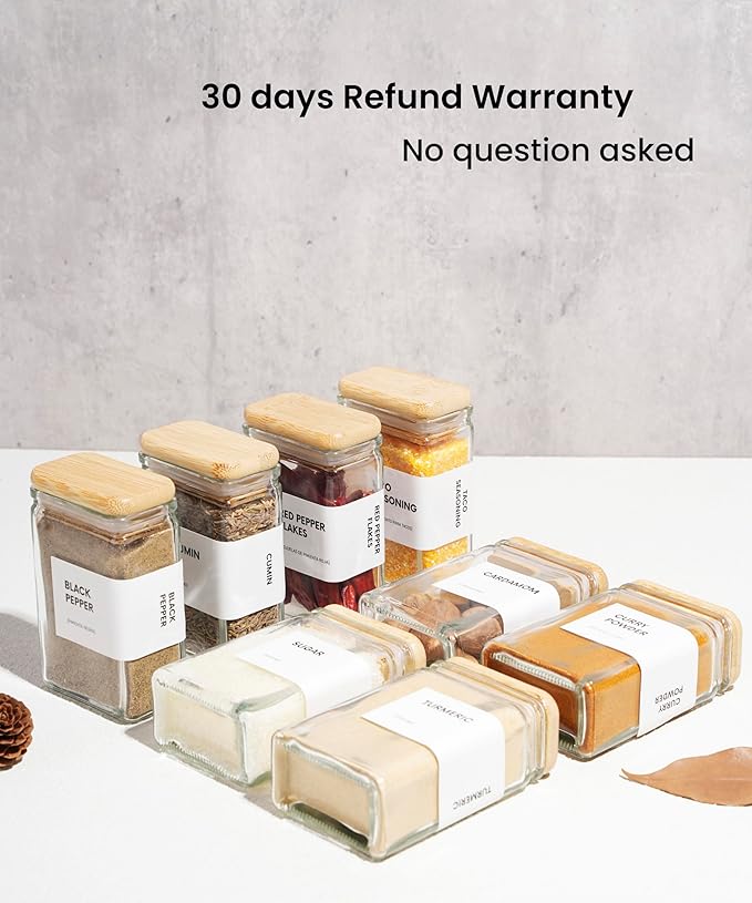 Glass Square Spice Jars with Labels, 4oz Glass Jars with Bamboo Lids, Spice Bottles, Seasoning Organizer, 12 Pack (White)