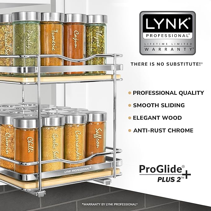 LYNK PROFESSIONAL® Élite™ Pull Out Spice Rack Organizer for Inside Kitchen Cabinets - 8-1/4 inch Wide - Slide Out Drawer – Wood/Chrome Sliding Spice Cabinet Organization Shelf Racks - 2 Tier