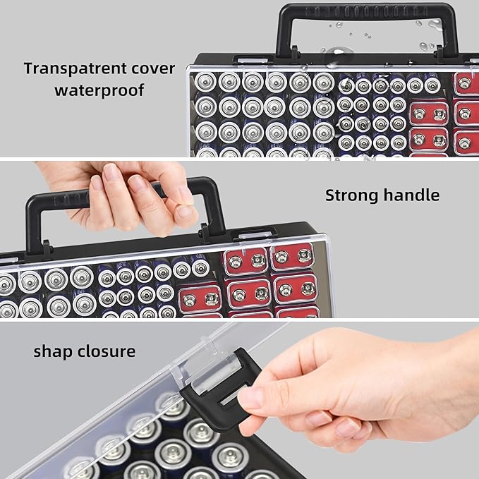 RISOU Battery Organizer Storage Case,Stores More Than 95 Batteries - Battery Storage Box for AA AAA 9V C D Lithium 3vLR44 CR2016 CR1632 CR2032 CR2025 (CASE ONLY) (Black)