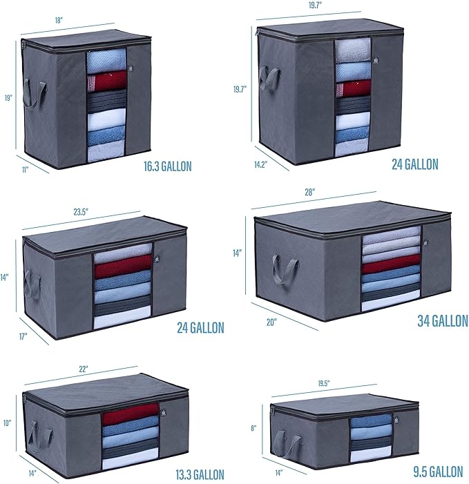 VENO 3 Pack Medium Clothes Storage Bag Organizer with Reinforced Handle Thick Fabric for Comforters, Blankets, Bedding, Foldable with Sturdy Zipper, Clear Window, Grey, Reusable (9.5 Gallon)