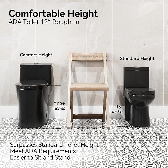 HOROW T0338WB Elongated One Piece Toilet Black, Compact Modern Toilet with Comfortable Seat Height, ADA Chair Height 17.3", Power Dual Flush 0.8/1.28 GPF & MAP 1000g, Matte Black, 12" Rough-in