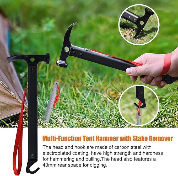 Eurmax USA Hiking Camping Tent Stakes and Hammer Set Lightweight Multi-Function Tent Hammer with Tent Stake Remover,Tent Pegs for Camping, Hiking, Backpacking, Gardening(Silver Stakes)