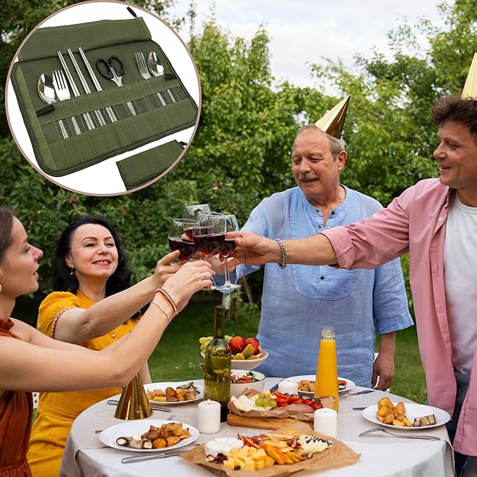 Camping Utensil Roll Bag, Waterproof Chef Knife Cutlery Up Pouch Bag with 13 Slots For Fork, Spoon, Chopstick, Portable Professional Case Hold Storage Kitchen Cooking Set Travel Organizer, Army Green