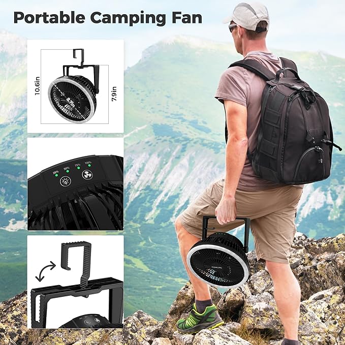 8-Inch Portable Camping Fan with LED Lantern, 10000mAh Rechargeable Battery Operated Tent Fan, 3 Speeds Table Fan with Light & Hook for Camping RV Travel Jobsite Hurricane Power Outage