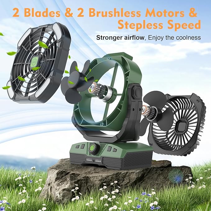 RUNTOP 20000mAh Oscillation Camping Fan, Rechargeable Fan with RGB, Remote, Battery Operated Outdoor Tent Fans w/Hanging Hook, Personal USB Desk Fans for Camping, Jobsite (Green)