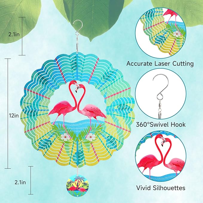 Flamingo Wind Spinners Garden Yard Decor Gift for Women Men, 12 Inch Outdoor Metal 3D Wind Spinner, Stainless Steel Hanging Wind Catchers Kinetic Sculpture for Outside Decoration