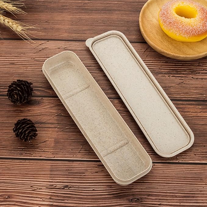 1Pcs Simple Utensil Holder with Lid, Reusable Utensils Wheat Straw Travel Cutlery Box，Portable Flatware Box Travel Tableware Storage Case, Simple Tableware Storage Boxs Case for Cutlery Kit (Beige)