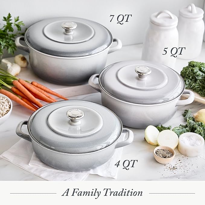 Merten & Storck 5.3QT Round Dutch Oven Casserole Pot with Lid, European Crafted Enameled Iron Stockpot, Induction & All Cooktops, Braising, Stews, Roasting, Slow Cooking, Sourdough, Cloud Gray