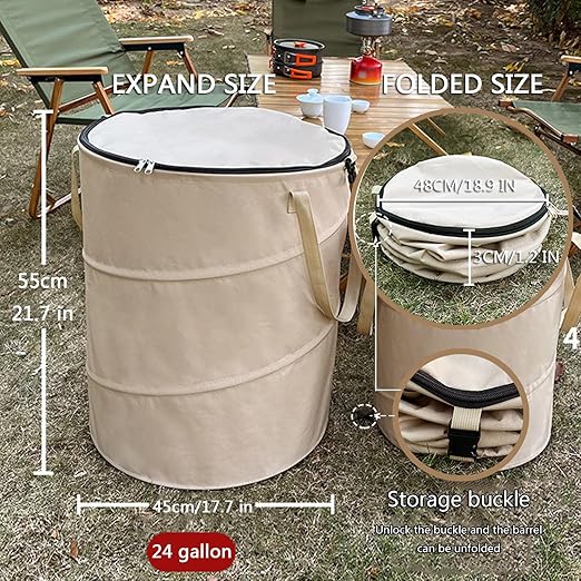 Pop up Camping Trash can with lid,Collapsible 24 Gallons Trash can with Sorting Clips,Garden Garbage Bag with Lid,Lawn and Leaf Bags - Reusable Yard Waste Bags (Beige Coffee)