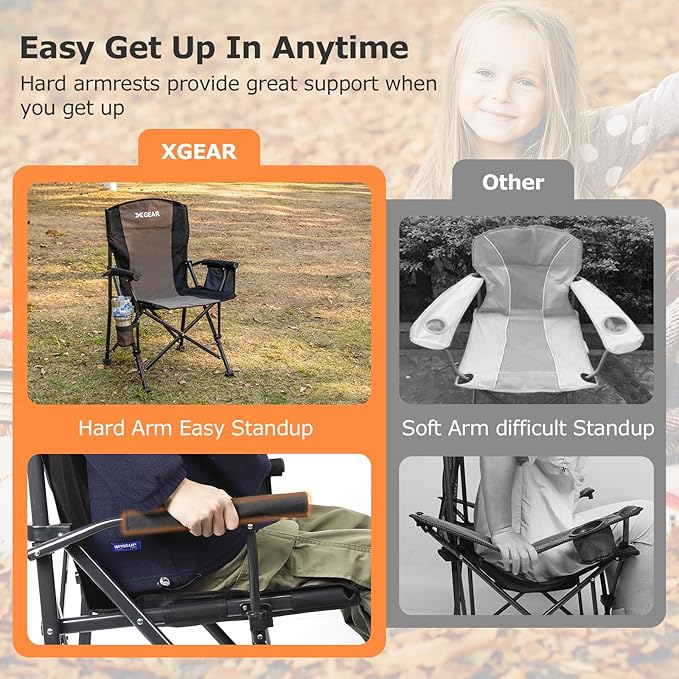 XGEAR Camping Chair Hard Arm High Back Lawn Chair Heavy Duty with Cup Holder, for Camp, Fishing, Hiking, Outdoor, Carry Bag Included