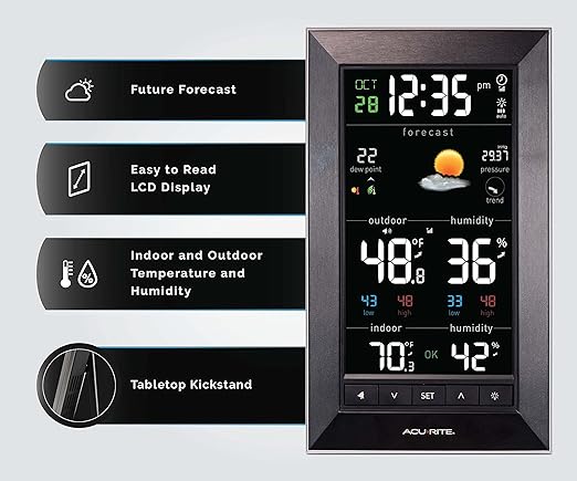 AcuRite Digital Vertical Weather Forecaster with Indoor/Outdoor Temperature, Humidity, and Date and Time (01121M) , BLACK
