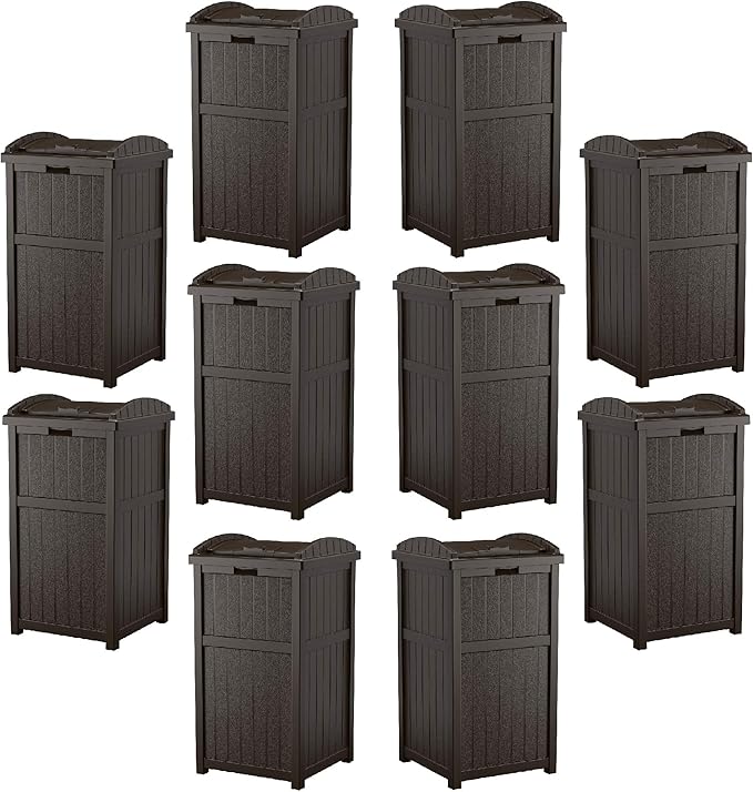 Suncast Trash Hideaway Outdoor 33 Gallon Garbage Waste Can Bin, Java (10 Pack)