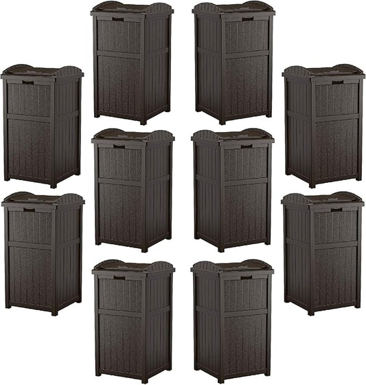 Suncast Trash Hideaway Outdoor 33 Gallon Garbage Waste Can Bin, Java (10 Pack)