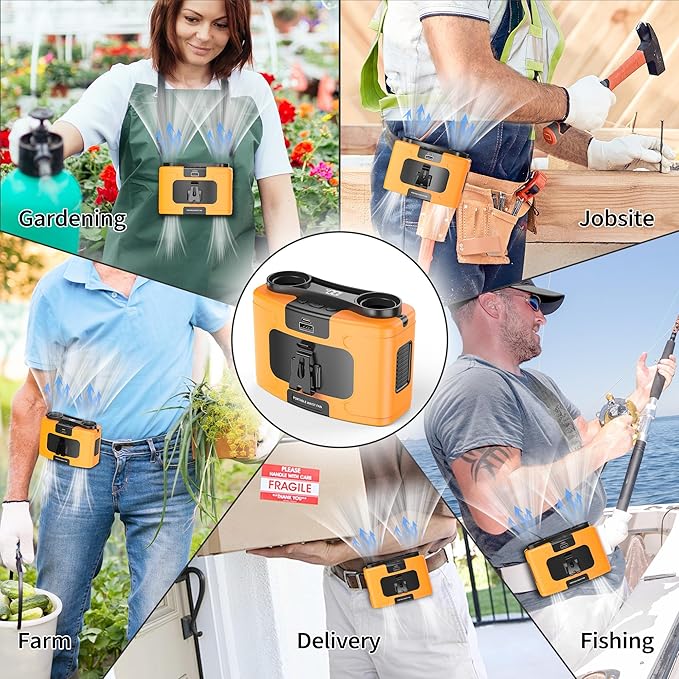 20000mAh Portable Waist Fan, Personal Fan Clip on with Rechargeable Battery operated, 40H Cooling,10 Speeds,16000RPM Hands-Free Belt Neck Fan for Outdoor Jobsite Gardening Camping Travel (Orange)