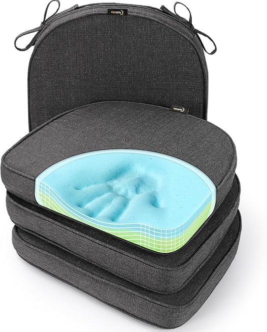 SUNROX Gel Memory Foam Chair Cushions, FadeShield Water-, Stain-Resistant Durable Reversible Seat Cushion Pads with Ties for Indoor/Outdoor Kitchen Dining Office 17"x16" Set of 4, Midnight