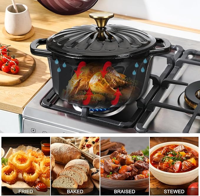 Enameled Cast Iron Dutch Oven with Lid, 6 QT Cast Iron Dutch Oven Pot, Dual Handles for Bread Baking, Cook, Bake, Oven Safe across All Cooktops (Black,6 QT)