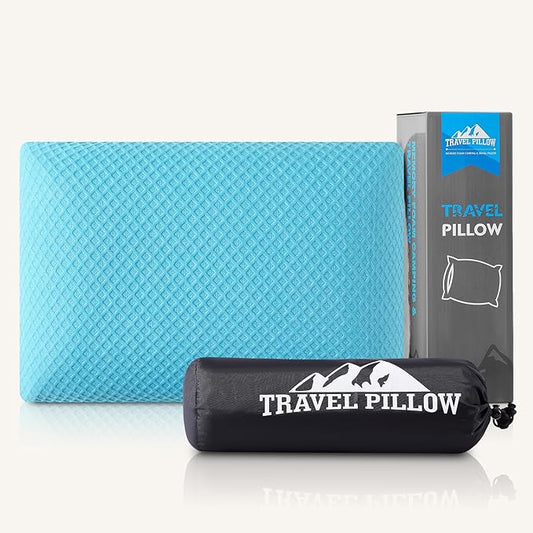Travel Pillow Memory Foam Pillows, Camping Pillow-Compressible Medium Firm, Breathable Cover, Ideal Backpacking Hiking, Bed Pillows, Airplane and Car (Light Blue, L)