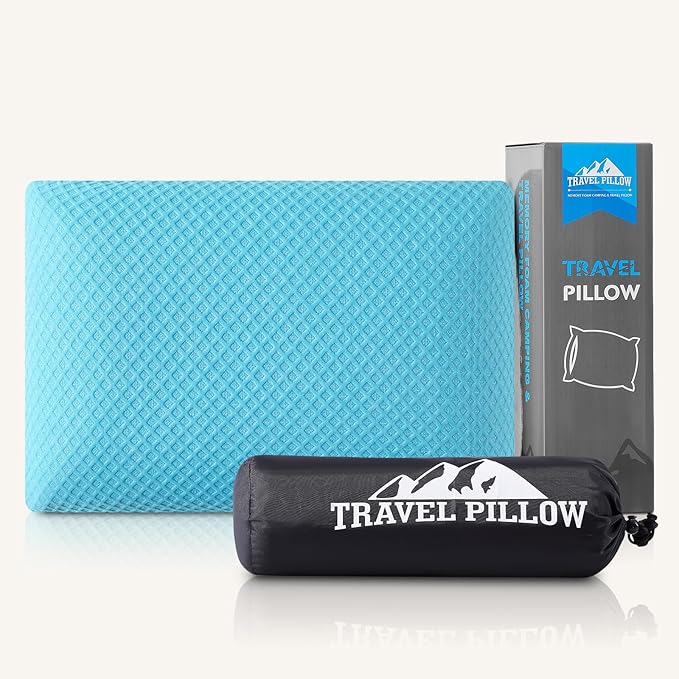 Travel Pillow Memory Foam Pillows, Camping Pillow-Compressible Medium Firm, Breathable Cover, Ideal Backpacking Hiking, Bed Pillows, Airplane and Car (Light Blue, M)
