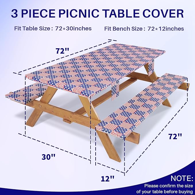72In Picnic Table Cover with Bench Covers Fitted Stain Resistant Rectangular Table Cloth Campers Patio Garden Vacation Gear Cool Gifts for 40th 50th 60th 70th Grandparents Grandma Grandpa