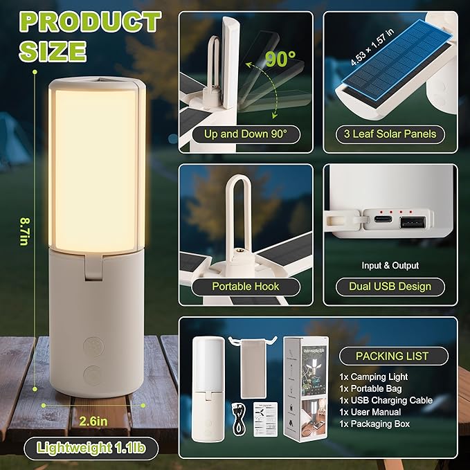 Solar Camping Lantern 8000mAh–Rechargeable,Foldable Camping Light,Stepless Dimming,Flashlight & SOS Modes,USB Charging,Waterproof & Portable Handle,Ideal for Camping,Emergency,Travel,Outdoor,Home Use