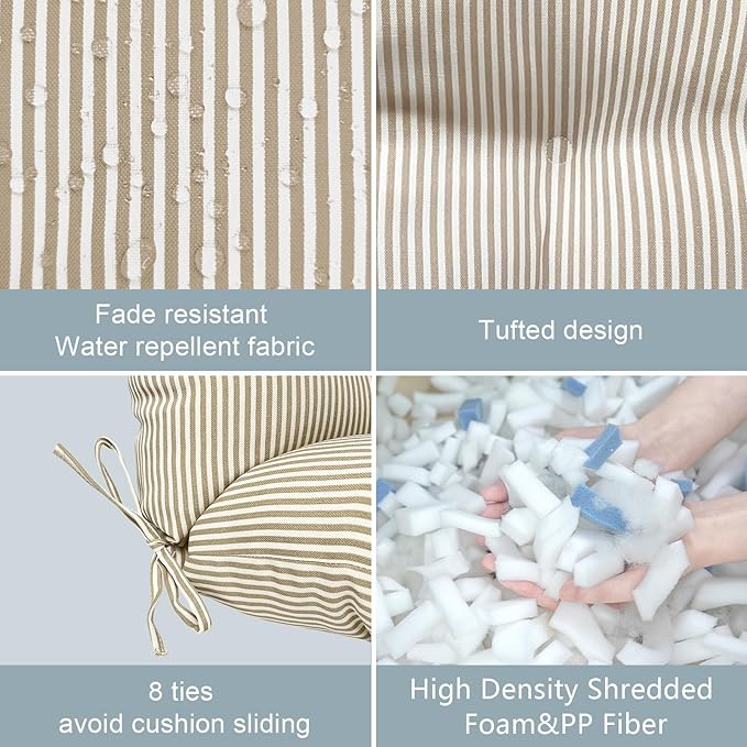LVTXIII Outdoor Seat and Back Chair Cushion Patio Tufted High Back Cushion with Ties, Seasonal Replacement Rocking Chair Cushion for Home Office Garden Use, 44” L x 22” W, Set of 2, Stripe Beige