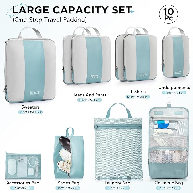 10 Set Compression Packing Cubes for Travel Essentials,Compressible Expandable Packing Cubes for Suitcase,OlarHike Luggage Organizer Bags for Travel,Handy Helper for Organizing Clothes(Blue Gray)