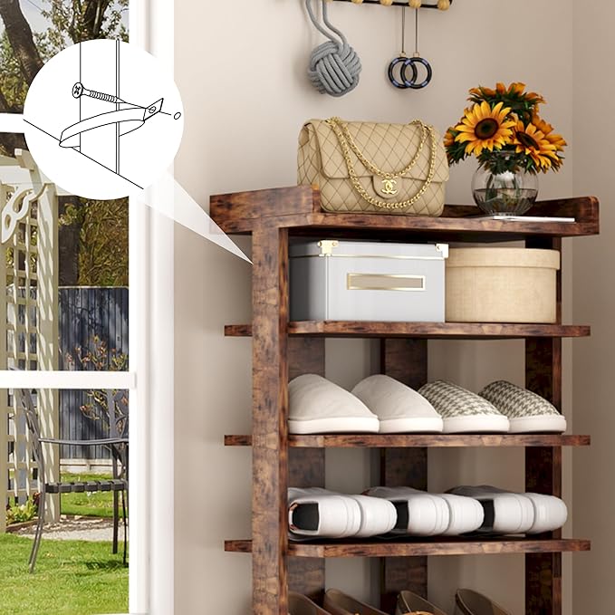 HOMEFORT 7-Tier Wood Shoe Rack, Double Rows Shoe Shelf, Shoe Storage Stand, Entryway Shoe Tower, Vertical Shoe Organizer for Narrow Closet, Entryway, Hallway, Rustic Brown