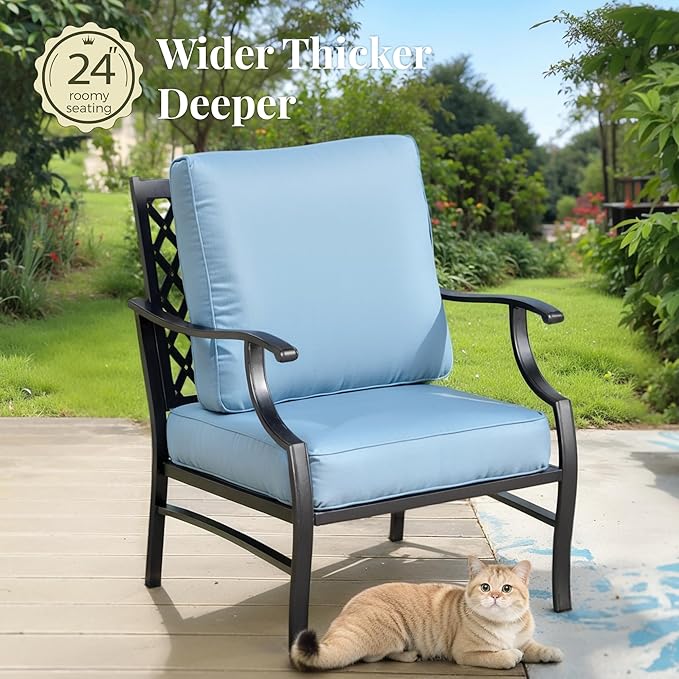 Patio Furniture Set with Fire Pit Table, 5 Pcs Metal Outdoor Conversation Set, 4 Single Chairs with 5.75" Extra Thick Cushion and 28" Fire Pit Table for Backyard Deck, Blue