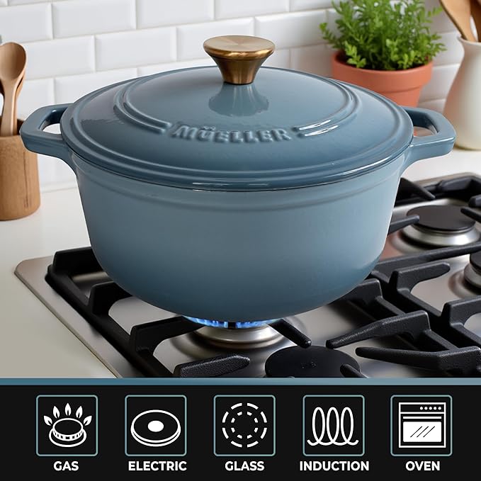 MÜELLERHOME 6 Quart Enameled Cast Iron Pot Dutch Oven, Heavy-Duty, Oven-Safe up to 500° F & Across All Cooktops, Bread Pan with Lid & Knob, Cast Iron Cookware, Blue Kitchen Accessories, Mineral Blue