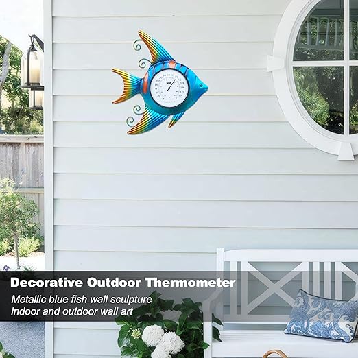 Fish-Shape Wall Thermometer, 11-Inch Battery-Free Temperature Gauge, Vintage Nautical Decor for Indoor & Outdoor Use, Auto-Calibrates in 3 Hours