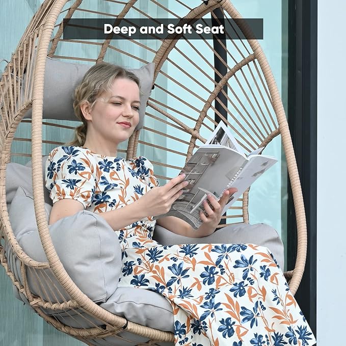 JOYBASE Hanging Egg Chair with Stand, Patio Swing Chair with Stand and Cushion, Hammock Wicker Rattan Chair for Indoor Outdoor Garden (Beige)